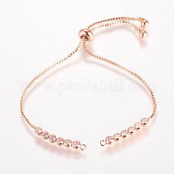 Brass Chain Bracelet Making, Box Chain Bracelets, Slider Bracelets Making, with Cubic Zirconia, Round, Real Rose Gold Plated, 9-1/2 inchx1/8 inch(240x1mm, Hole: 1mm)