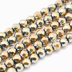 Electroplate Non-magnetic Synthetic Hematite Beads Strands, Grade A, Vacuum Plating, Faceted, Round, Light Gold Plated, 4mm, Hole: 1mm, about 105pcs/strand, 15.7 inch(40cm)