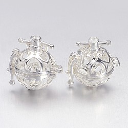 Brass Hollow Round Cage Pendants, For Chime Ball Pendant Necklaces Making, Silver Color Plated, 19x17x15mm, Hole: 5x6mm