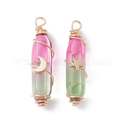 2Pcs 2 Style Two Tone Glass Double Terminated Point Beads Pendants Set, Moon & Star Golden Copper Wire Wrapped Charms, Light Green, 38~39x10x18mm, Hole: 3mm, 1Pc/style