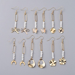 Dangle Earrings, with Glass Pearl Beads, Brass Pendants and Earring Hooks, Real 18K Gold Plated, 65.5~79mm, Pin: 0.7mm