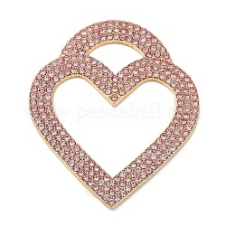 Aleación de rhinestone grandes colgantes, charms del corazón, dorado, rosa luz, 59.5x50x2.5mm, agujero: 17x10 mm