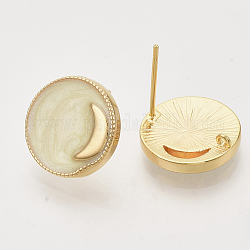 Accessoires de clous d'oreilles en laiton, avec émail et boucle, plat rond avec la lune, véritable 18k plaqué or, sans nickel, verge d'or pale, 14x4mm, Trou: 1mm, pin: 1 mm