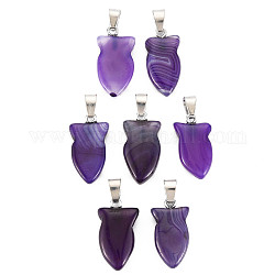Natural Banded Agate/Striped Agate Pendants, with Light Gold Plated Iron Findings, Owl, Dyed & Heated, Blue Violet, 22.5~23.5x11~12.5x4.5~6mm, Hole: 4.5x6mm