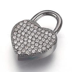 Pendentifs avec zircon cubiques à micro-pavés en laiton, cadenas coeur, gunmetal, 20x14x3.5mm, Trou: 6x6.5mm