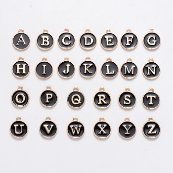 Anfangsbuchstabe a~z Alphabet Emaille Charms, flache runde Scheibe doppelseitige Charms, vergoldete emaillierte Pailletten-Legierungs-Charms, Schwarz, 14x12x2 mm, Bohrung: 1.5 mm, 26 Stück / Set