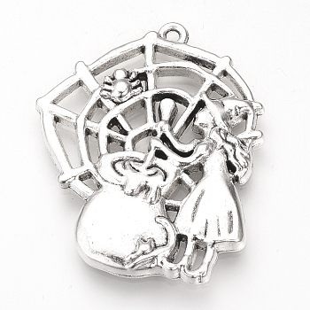 Tibetan Style Alloy Pendants, Spider Web with Witch, Cadmium Free & Lead Free, Antique Silver, 40x33x3mm, Hole: 1.5mm