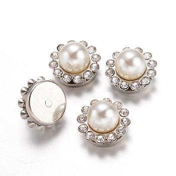 Imitación perla abs cabujones de plástico, con los fornituras de rhinestone de platino tono de latón, flor, blanco, 11.5x11.5x8mm