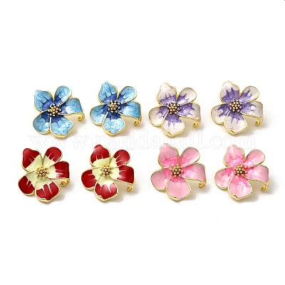 Серьги-гвоздики с цветком из латуни и эмали EJEW-P322-03G-1