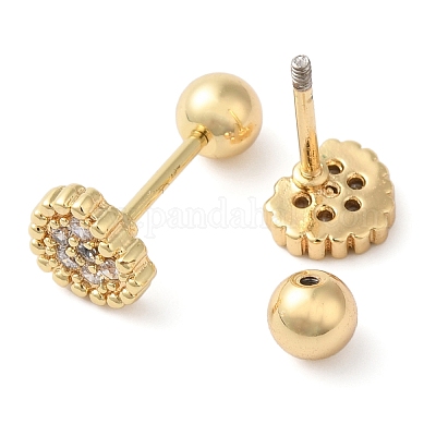 Серьги-гвоздики в форме сердца с бантом из латуни с микропаве из прозрачного кубического циркония EJEW-L289-03G-06-1