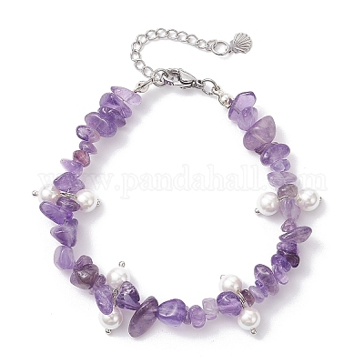Браслеты из круглых бусин с натуральным аметистом и стеклянными ракушками BJEW-JB12303-02-1