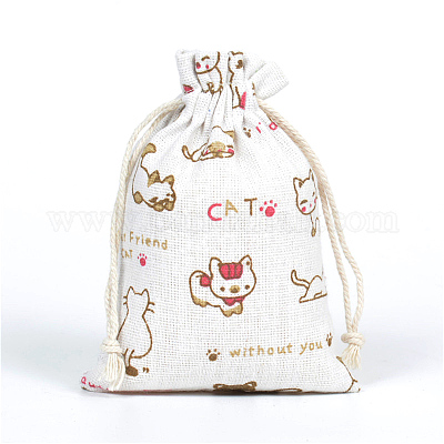 リネン巾着袋  長方形  猫の模様  18x13cm&nbsp;CON-PW0001-078B-03-1