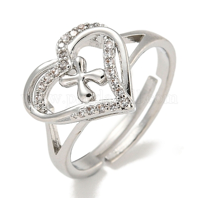 Регулируемые кольца из латуни с микро-паве в форме сердца и стойки для писем для женщин с прозрачным фианитом RJEW-I105-01P-W-1