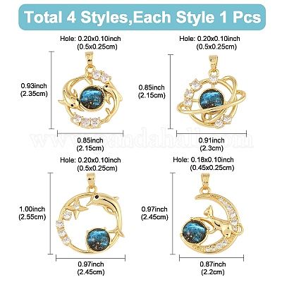 4 шт. 4 стиля латунный микропаве прозрачный кубический цирконий со стеклянными подвесками KK-YW0003-02-1