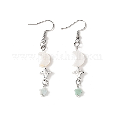 Серьги-подвески из натуральных смешанных камней в форме звезды и луны EJEW-JE06756-1