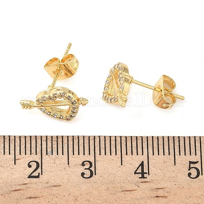 Серьги-гвоздики из латуни с микро-паве и прозрачным фианитом в форме сердца EJEW-Z144-12G-1