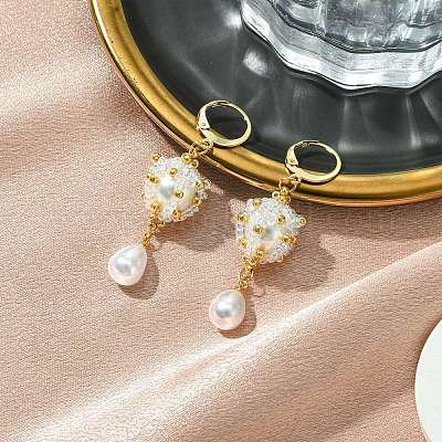 Серьги с застежкой-молнией ручной работы из стеклянных бусин и искусственного жемчуга из АБС-пластика EJEW-MZ00364-1