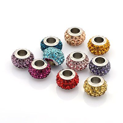 304 Stainless Steel European Beads, with Polymer Clay Rhinestone