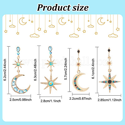 2 комплект из 2-х стильных асимметричных серег с цветными стразами в форме луны и звезды EJEW-FI0001-22-1