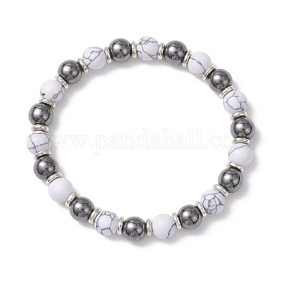 Браслеты из немагнитных синтетических бусин гематита и говлита для женщин BJEW-JB12830-1