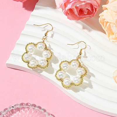 Серьги с подвесками из немагнитного синтетического гематита и жемчуга в форме цветка EJEW-JE05773-1