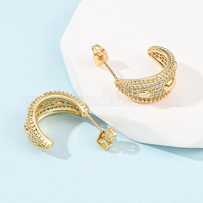 Серьги-гвоздики из латуни с микропаве из прозрачных кубических цирконий в форме буквы С и овалом EJEW-B153-17G-01-1