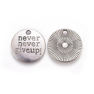Тибетский стиль сплава плоские круглые резные слово никогда не сдаваться подвески TIBEP-12585-AS-NR-1