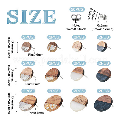 24 шт. 12 стильных плоских круглых серег-гвоздиков из смолы и орехового дерева со штифтом из нержавеющей стали 304 для женщин EJEW-TA0001-20-1