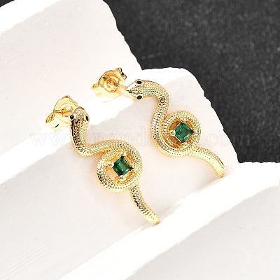 Серьги-гвоздики из латуни с микропаве из кубического циркония в форме змеи EJEW-A135-09G-1