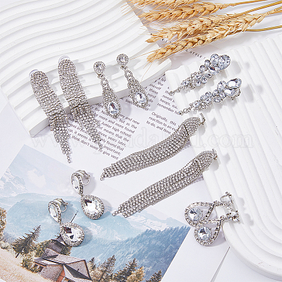 6 пара 6-х стилевых серег-клипс из сплава со стразами в форме капли EJEW-FI0002-91-1