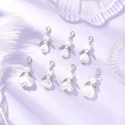 7 шт. подвеска в форме сердца ангела из стекла и АБС-пластика с имитацией жемчуга HJEW-JM03565-1