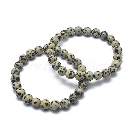 Brazaletes de estiramiento natural jaspe perla dálmata X-BJEW-K212-B-014-1