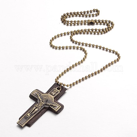 Alloy Leather Cross Pendant Necklaces NJEW-L408-06-1