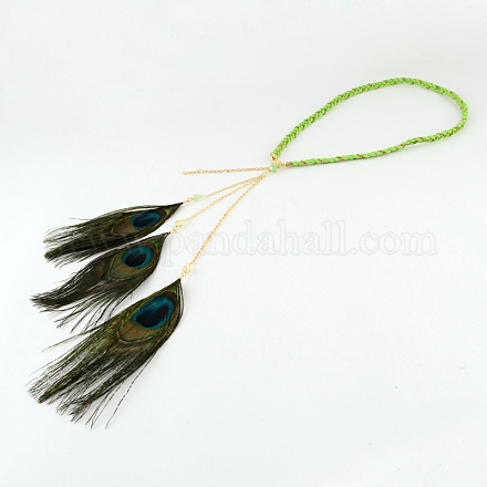 女性の染めた羽編みのスエードコードのヘッドバンド  鉄チェーン  ゴールドカラー  緑黄  460~530x6mm OHAR-R184-04-1