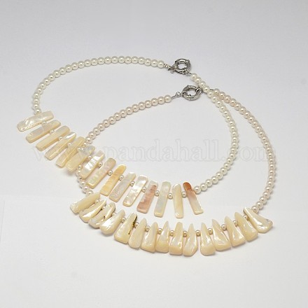 Collares declaración de babero de concha de perla de color blanco natural de estilos mixtos NJEW-L096-05-1