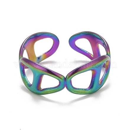 Rainbow Color Ion Plating(IP) 304 Stainless Steel Hollow Open Cuff Ring for Women RJEW-A005-13-1