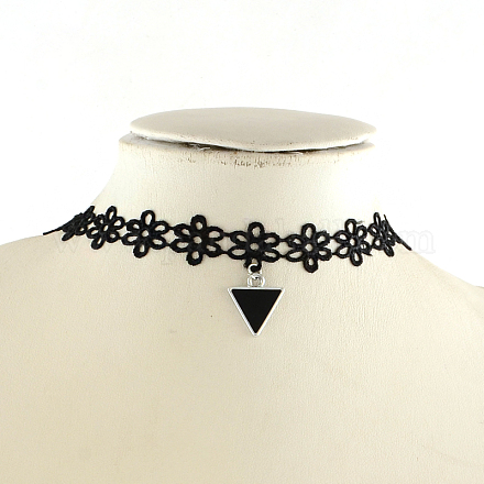 Gothic Style Vintage Lace Choker Necklaces with Triangle Alloy Enamel Pendants NJEW-R227-50-1