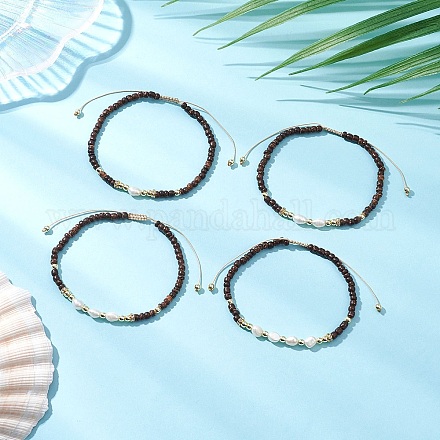 4шт. Браслеты из натуральных кокоса и натурального культивированного пресноводного жемчуга с плетением для женщин BJEW-JB11659-1