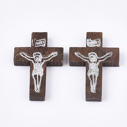 印刷木製のペンダント  十字架クロス  イースターのために  染め  ココナッツブラウン  32.5~33.5x21~22x4.5mm  穴：2mm WOOD-S050-35A-04-1