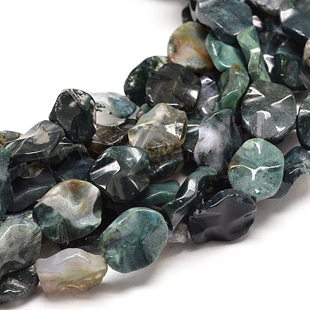 Natural Moss Agate Wavy Flat Round Bead Strands G-E254-69-1