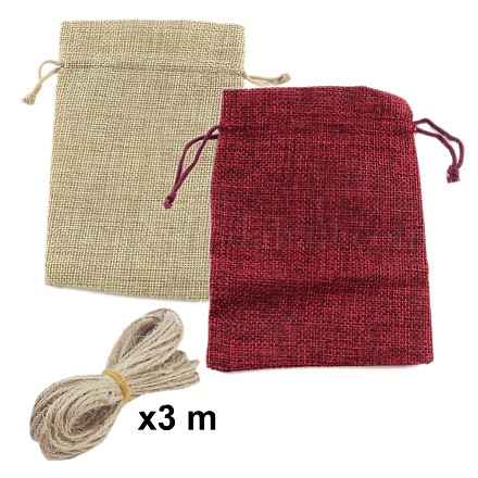 黄麻布ラッピングポーチ巾着袋  ジュートより糸付き  ミックスカラー  13.5x9.5cm  24個/セット ABAG-YW0001-01-1