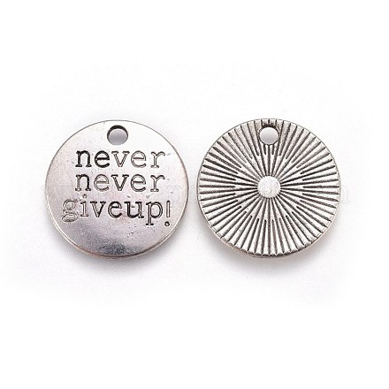 Tibetan Style Alloy Flat Round Carved Word Never Give Up Pendants TIBEP-12585-AS-NR-1