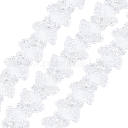 刺繡ポリエステルレーストリム  プラスチック製の模造パールビーズ付き  蝶  雪  2インチ（52mm） OCOR-WH0067-1