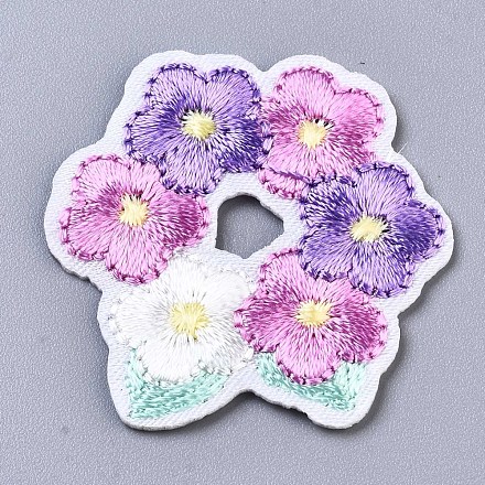花のアップリケ  機械刺繍布地手縫い/アイロンワッペン  マスクと衣装のアクセサリー  プラム  32.5x32.5x1.5mm X-DIY-S041-051B-1