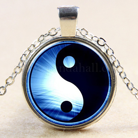 Feng Shui Yin Yang Pattern Flat Round Glass Pendant Necklaces NJEW-N0051-010L-02-1