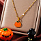 304 Stainless Steel Enamel Halloween Pumpkin Pendant Dapped Chain Necklaces, Golden, Orange Red, 15.75 inch(40cm)
