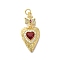 Brass Rhinestone Pendants, Heart, with Jumping Ring, Lead Free & Cadmium Free, Golden, Dark Red, 32.5x15x5.5mm, Hole: 3mm