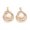 Natural Cultured Freshwater Pearl Rose Pendants, Brass Micro Pave Clear Cubic Zirconia Pendants, Real 18K Gold Plated, 21.5x19.5x8~9mm, Hole: 4.5x2mm