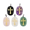 Natural Mixed Stone Pendants, Oval with Engraved Gold Cross Charms, with Stainless Steel Bails, Stainless Steel Color, 38~39x25x7mm, Hole: 7x4mm