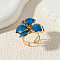 Iron Cuff Open Rings for Women, Flower, with Enamel, Golden, Blue, Inner Diameter: 18mm